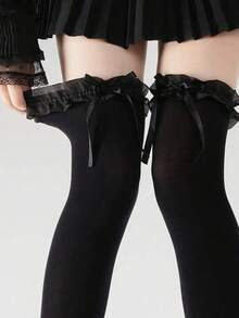 ROMWE Kawaii 2 Pasang Stoking Selutut Hitam dengan Hiasan Pita Renda - Hitam - View 4