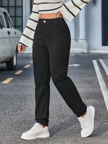 SHEIN Tall 女士弹力腰休闲锥形百搭牛仔裤 - 黑色 - 查看 3