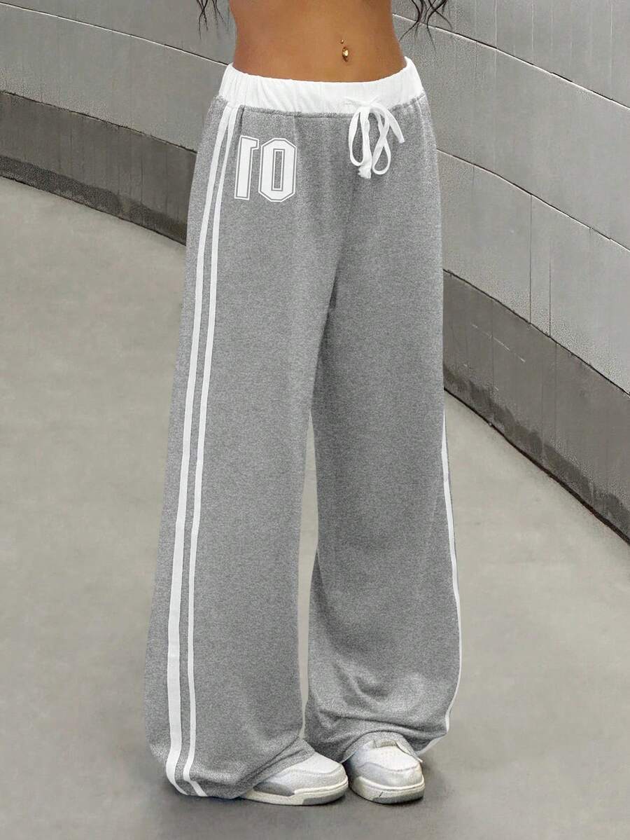 StreetHx Celana Panjang Wanita Kasual Sporty Vintage dengan Patchwork di Pinggang dan Cetakan Angka, Musim Semi/Panas - Grey - View 1