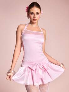 ROMWE EDITION Women's Elegant Solid Color Lace Patchwork Tie-Up Backless Mini Dress - Pink - View 6