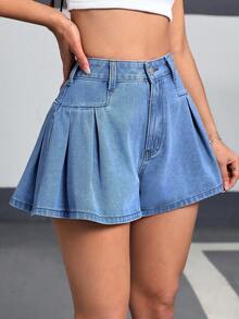 SHEIN EZwear 大码休闲水洗褶皱牛仔短裤 - 藍色 - 查看 5