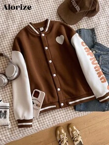 SHEIN Kurtka baseballowa dla dziewcząt w wieku 1/2 lat, uniwersalna, na co dzień, z motywem kapibary, z polarową podszewką, w stylu casualowym i patchworkowym, z motywem kapibary, jesień/zima