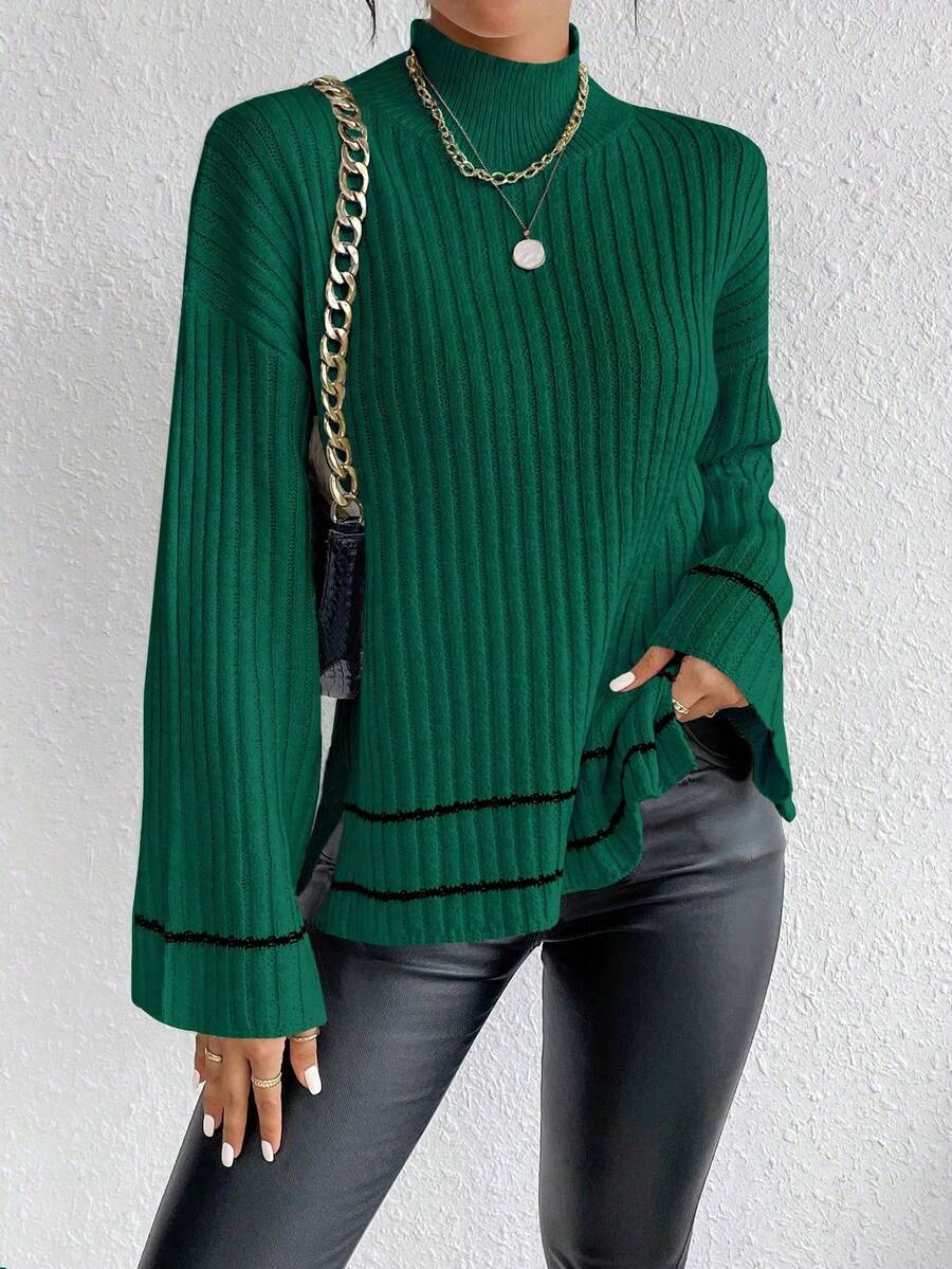SHEIN LUNE Women's Casual Everyday Commute High Neck Flare Sleeve Contrast Striped Pattern Dropped Shoulder Loose Pullover Sweater, Autumn/Winter - Dark Green - View 1