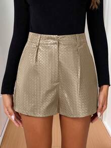 SHEIN Clasi Pantalones cortos de cuero texturizado burdeos versátiles y de uso diario para mujer - Albaricoque - Ver 3