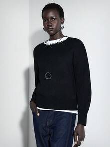Chiquease pull en tricot noir à col rond, manches bouffantes, perles, décontracté et polyvaleance pour femmes - Noir - Voir 5