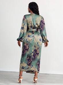 SHEIN PETITE CURVE 加大码 V 领长袖全身印花腰带修身优雅迷人连衣裙长款晚礼服 - 彩色 - 查看 2