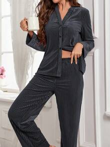 Velvet Women's Cardigan Long Sleeve Pajama Set, Fall & Winter Clothes - Dark Grey - View 6