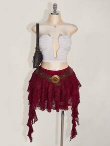 SHEIN ICON Plus Size Vacation Casual Sexy White Lace Ruffle Hem Mini Skirt With Safety Shorts, Suitable For Summer, Music Festivals, Back To School Season - Burgundy - View 5