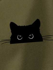 SHEIN EZwear 可爱黑猫偷窥图案休闲简约印花圆领宽松加厚长袖卫衣，适合秋冬季穿着 - 軍綠色 - 查看 3