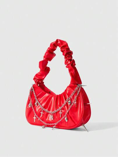 Grunge Punk 1pc Punk Cross Studded Skull Prints Ruffle Cloud Design Women Shoulder/Underarm Handbag, Versatile Dark Style, Halloween Bags Perfect For Fancy Party Matching With Halloween Costumes