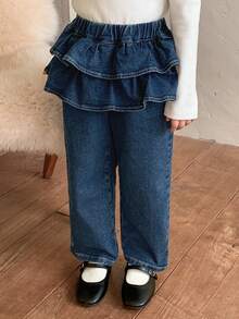 Dazy Kids 年轻女孩休闲水洗牛仔裤，带荷叶边裤脚