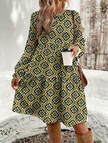 EMERY ROSE Rochie lungă de damă, elegantă, cu imprimeu geometric retro, mărime plus, toamnă/iarnă - Multicolor - Vizualizare 4