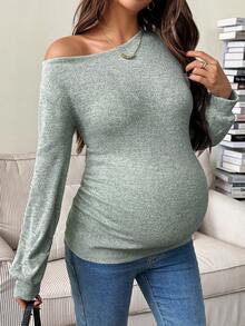 SHEIN Autumn And Winter Maternity Casual Solid Color Asymmetric Collar T-Shirt, Autumn Green Long Sleeve Top - Mint Green - View 6