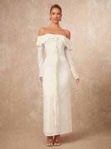 Lumalex Spring Summer 1pc Women's Off-Shoulder Ruffle Trim Bodycon Long Sleeve Dress With Flared Hem Perfect For Summer, Spring-Break Trips, Cruises, Beach Weekends, Vacations, Parties, Date Nights, Weddings, Proms, Banquets, Birthdays, Carnivals, Festivals And Other Holiday Events. Neo-Girly Charm, Boho-Casual Flair, Quiet Luxury, Business Chic, And Relaxed Vacay A Richly Layered, Glitter-Accented Style For Luxury Proms, Receptions, Banquets, Weddings, Raves, Festivals, Holiday Gatherings, And Outdoor Evening Occasions-Ideal Whenever You Need A Sophisticated Yet Striking Party Look - Red - View 1