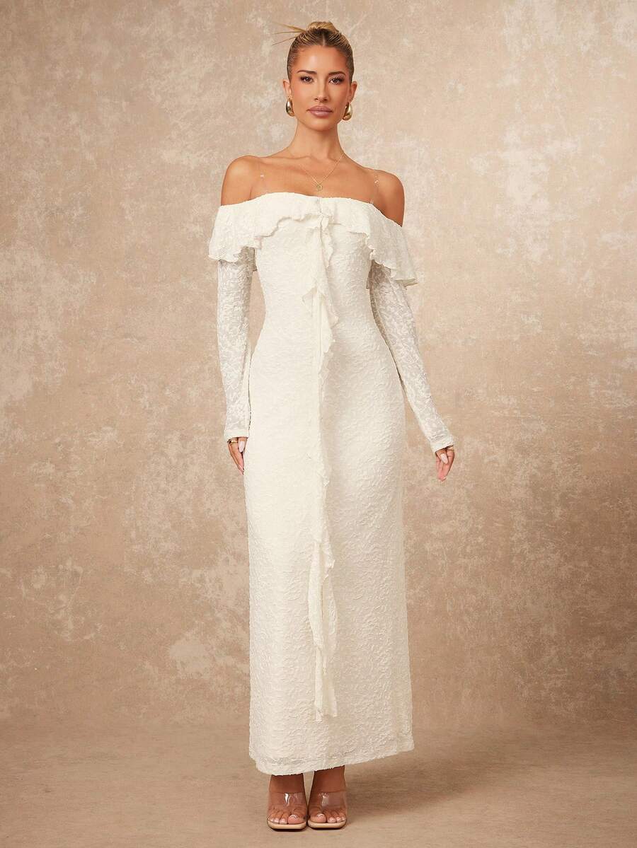 Lumalex Spring Summer 1pc Women's Off-Shoulder Ruffle Trim Bodycon Long Sleeve Dress With Flared Hem Perfect For Summer, Spring-Break Trips, Cruises, Beach Weekends, Vacations, Parties, Date Nights, Weddings, Proms, Banquets, Birthdays, Carnivals, Festivals And Other Holiday Events. Neo-Girly Charm, Boho-Casual Flair, Quiet Luxury, Business Chic, And Relaxed Vacay A Richly Layered, Glitter-Accented Style For Luxury Proms, Receptions, Banquets, Weddings, Raves, Festivals, Holiday Gatherings, And Outdoor Evening Occasions-Ideal Whenever You Need A Sophisticated Yet Striking Party Look - Red - View 1