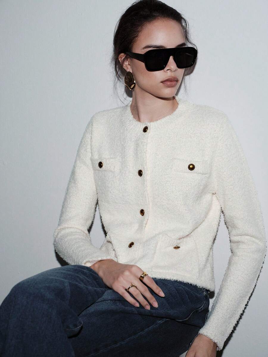 SHEIN Luminelle 女士法式纹理单排扣长袖针织开衫 - 米色 - 查看 1