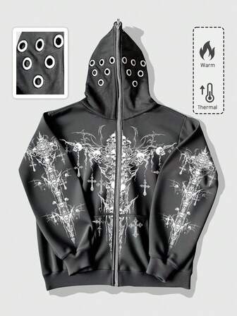 Grunge Punk Veste à capuche zippée doublée thermique, style punk de rue, automne/hiver