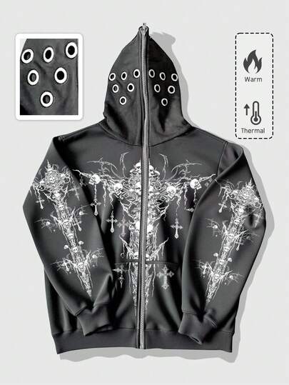 Grunge Punk Punk Street Style Hooded Zip-Up Thermal Lined Sweatshirt Jacket, Autumn/Winter