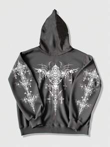 ROMWE MEN Grunge Punk Áo khoác nỉ lót nhiệt có mũ trùm đầu phong cách đường phố Punk, mùa thu/đông - Xám - Xem 2