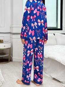 Bowknot Faux Silk Lapel Cardigan Long Sleeve Top & Pants Pajama Set, Fall & Winter Clothes - Multicolor - View 2