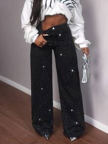 Slaydiva 女式高腰水钻口袋阔腿宽松休闲牛仔裤 - 黑色 - 查看 8