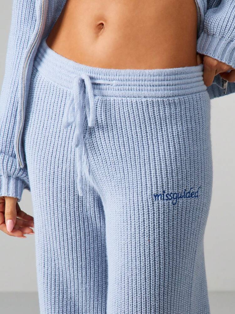 MISSGUIDED Ribbed Knit Zip-Up Cardigan And Wide Leg Pants Matching Set For Fall Winter Loungewear