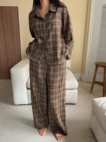 DAZY Plaid Loose Women Long Sleeve Single-Breasted Top And Pants Pajama Set, Fall & Winter Clothes