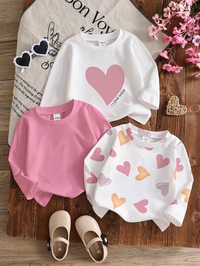 SHEIN 3-Pack Infant/Toddler Unisex Long Sleeve T-Shirt Set, I Love Mom Letter & Heart Print, Casual Comfortable Crew Neck Tops, 6 Months - 3 Years, Suitable For Spring, Autumn, Winter Baby Girl Clothes Long Sleeve Baby Girl Clothes Spring Fall