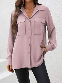 LanaWest Women's Solid Color Single-Breasted Cargo Pocket Casual Long Sleeve Shirt