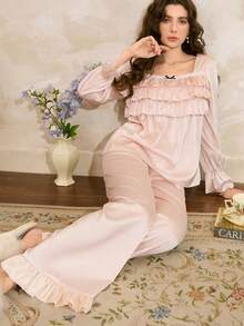Côtesoire French Romantic Ruffle Satin Women Pajama Set, Winter Clothes - Champagne - View 1