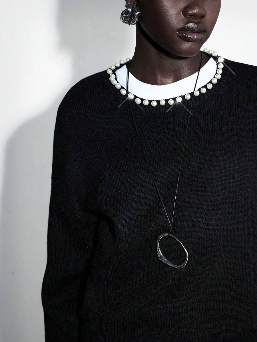 Chiquease pull en tricot noir à col rond, manches bouffantes, perles, décontracté et polyvaleance pour femmes - Noir - Voir 1