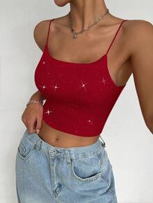 Chiquease Sparkly Glitter Tank Top, Casual And Party Wear, Wire-Free, Halloween,Adjustable Strap, For Women Red Crop Tops Women Tops Crop Glitter Top Women, Christmas - Red - View 4