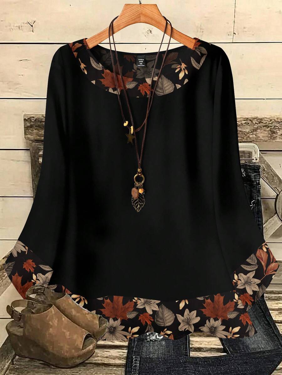 EMERY ROSE Camicia vintage con stampa a foglia d'acero e floreale, scollo tondo, maniche 3/4, adatta per l'autunno/inverno, taglie comode