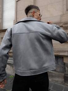 Artur Kramer 男士翻盖口袋拉链绒面革夹克，适合秋冬 - 淺灰色 - 查看 2