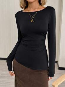 Easowa T-shirt femme mode sexy à empiècement en dentelle et torsade devant - Noir - Voir 2