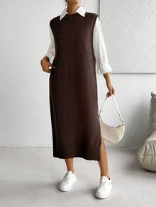 SHEIN LUNE Women's All-Match Versatile Commuter Long Dress - Coffee Brown - View 6