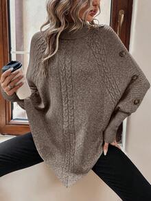 SHEIN Clasi Women's Casual High Neck Batwing Long Sleeve Button Design Loose Knit Sweater, Autumn/Winter - Coffee Brown - View 6
