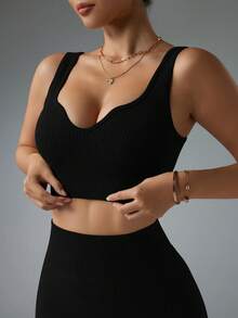 Dewbera 无缝高弹力运动健身文胸和紧身裤套装 - 黑色 - 查看 8