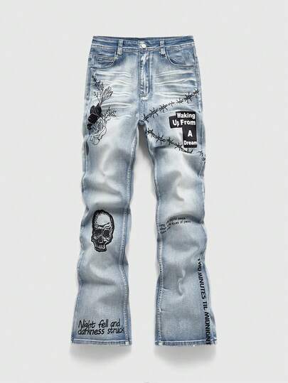 Street Life Jeans con lavado claro y estampado gráfico de calavera desgastado para hombres
