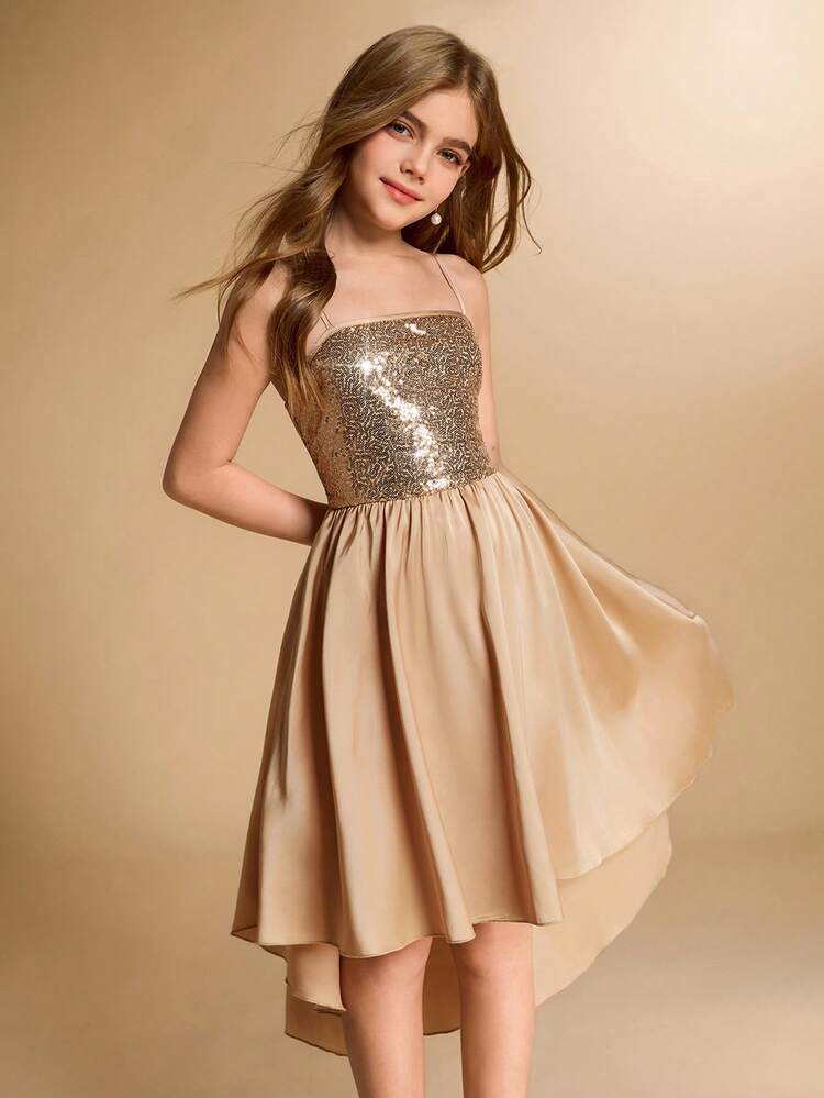 Vestido de satén con parches de lentejuelas de alta gama para niña de las flores y niñas preadolescentes, con dobladillo asimétrico, corto por delante y largo por detrás, vestido formal para bodas, fiestas, cumpleaños, Navidad - Champán - Añade 7