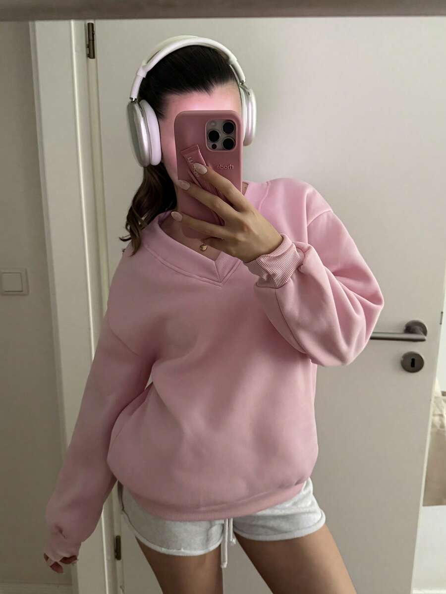 CovetEZ Moletom feminino folgado, casual, grande, com decote em V, ideal para outono/inverno, rosa