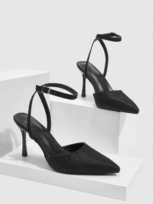 CUCCOO SZL Women's Fashion Pointed Toe Backless Strap Glitter Material Rhinestone Butterfly Sexy Evening Party Wedding Stiletto High Heel Pumps - Black - View 5