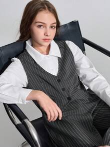 Ontre Tween Girl Striped Vest, Collared Long Sleeve Shirt, And Striped Pants Set Fall Winter - Grey - View 6