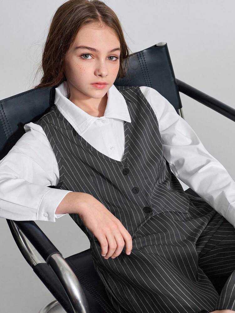 Tween Girl Striped Vest, Collared Long Sleeve Shirt, And Striped Pants Set Fall Winter