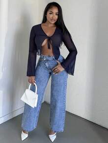 Alexandranx Solid Color Lace-Up Casual Mesh Women's Top With Flare Sleeves - Navy Blue - View 1