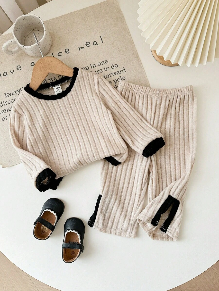 SHEIN 2 件女婴可爱拼色长袖针织上衣,休闲秋冬 - 杏色 - 查看 1