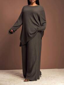 Veslaya Modest Casual Blouse And Pants Set For Women Plus 3 Piecesset - Brown - View 8