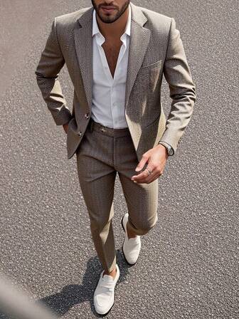 Manfinity Mode Erkek Düz Renk Minimalist Günlük Uzun Kollu Takım Ceket ve Pantolon Takımı