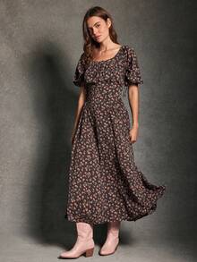 WESTFADE Dark Pink Ditsy Floral Print Scoop Neck Bow Tie Puff Sleeve Shirred Fit & Flare A Line Midi Dress,Summer Cottage Core Tea Party,Boho Coastal Cowgirl - Multicolor - View 2