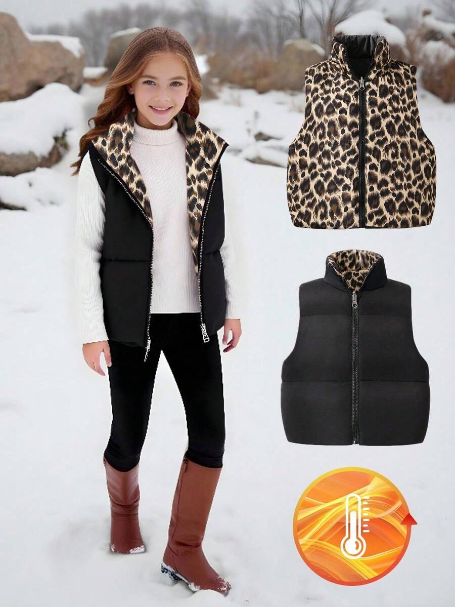 Gilet imbottito reversibile senza maniche per ragazze pre-adolescenti, nero e rosa, colletto casual, adatto per la scuola e gli spostamenti, autunno/inverno